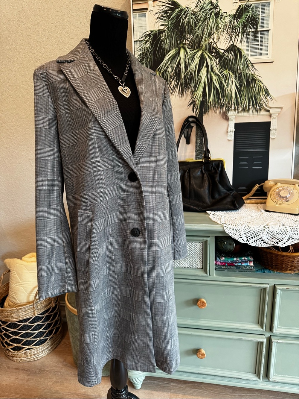 NWT Joie Gray Glen Plaid Long Tailored Coat Blazer Size M